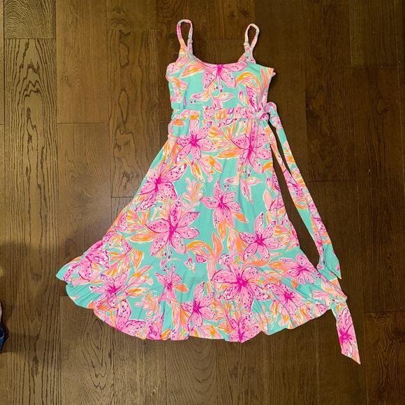 Lilly Pulitzer Fontaine Wrap Dress L Surf Blue Bonita Blooms High-Low Ruffles - Picture 2 of 5